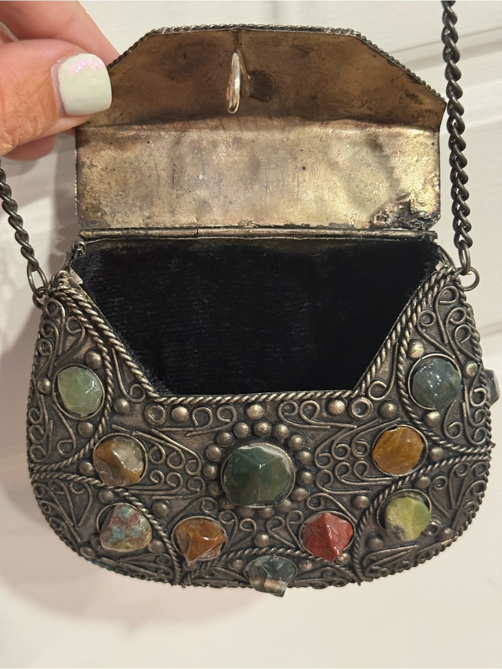Vintage Indian Artisan Gemstone Metal Box Purse Filigree Crossbody Sajai - Picture 11 of 16